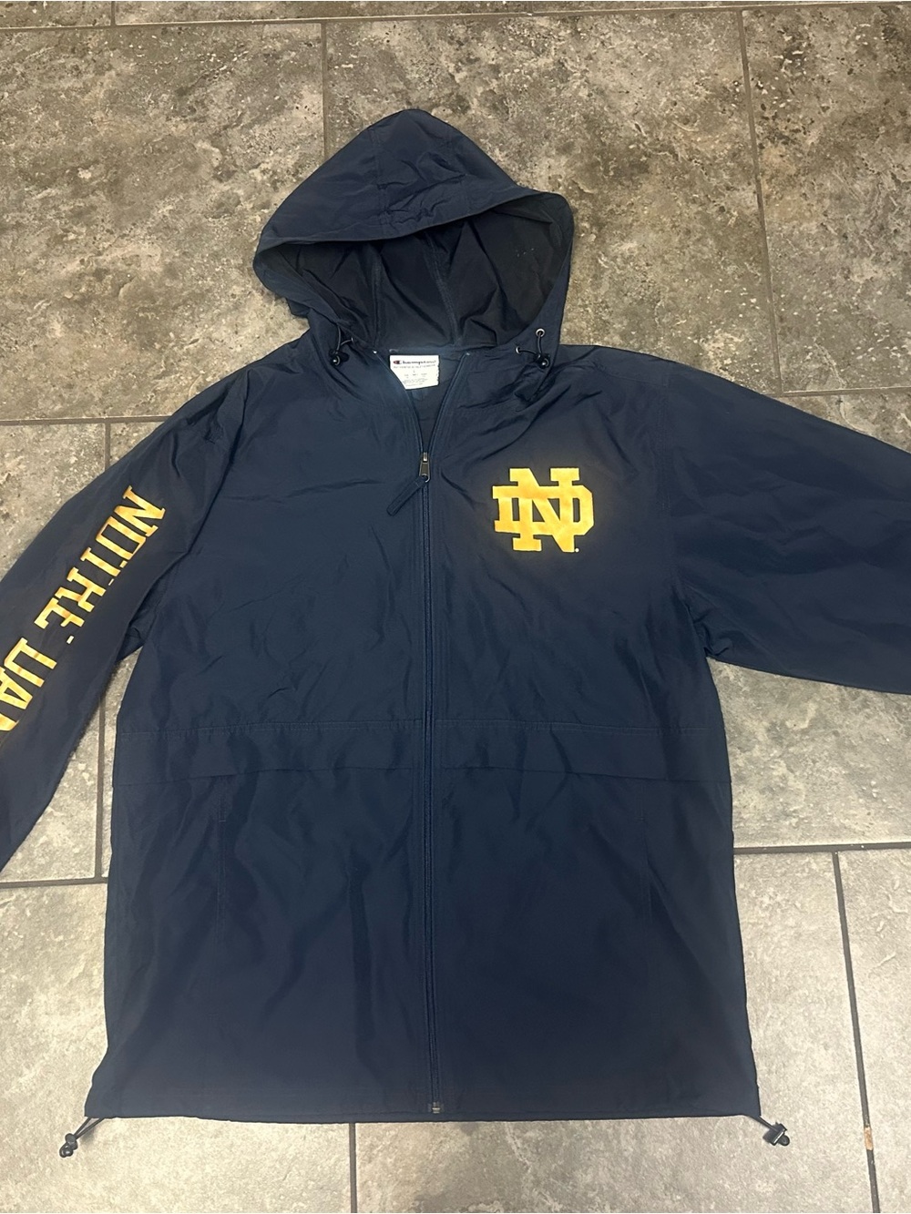 CHAMPION UNIVERSITY OF NOTRE DAME HOODED WINDBREAKER FULL ZIP SIZE LARGE BLUE